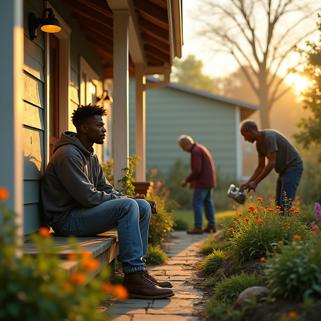 A young man sits on a porch step while two older men tend a vibrant flower garden bathed in warm sunlight.