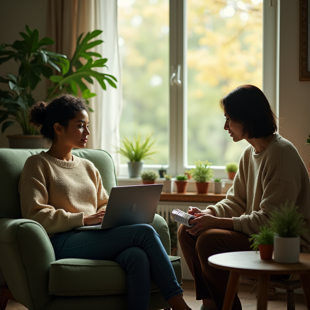 Two women sit on a green armchair, one using a laptop, bathed in soft light from a large window.