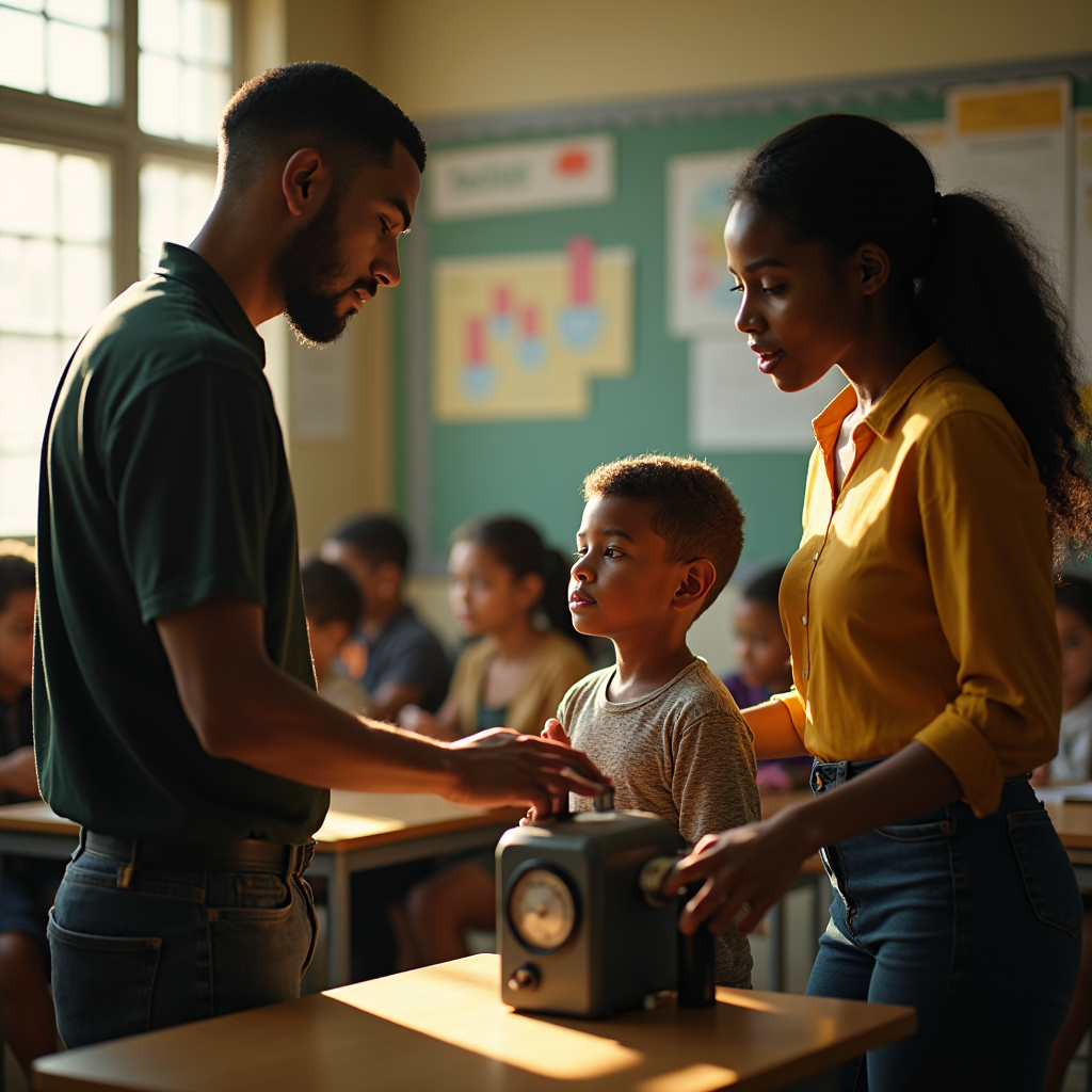 A man and woman assist a young boy with a 3D printer in a classroom setting.