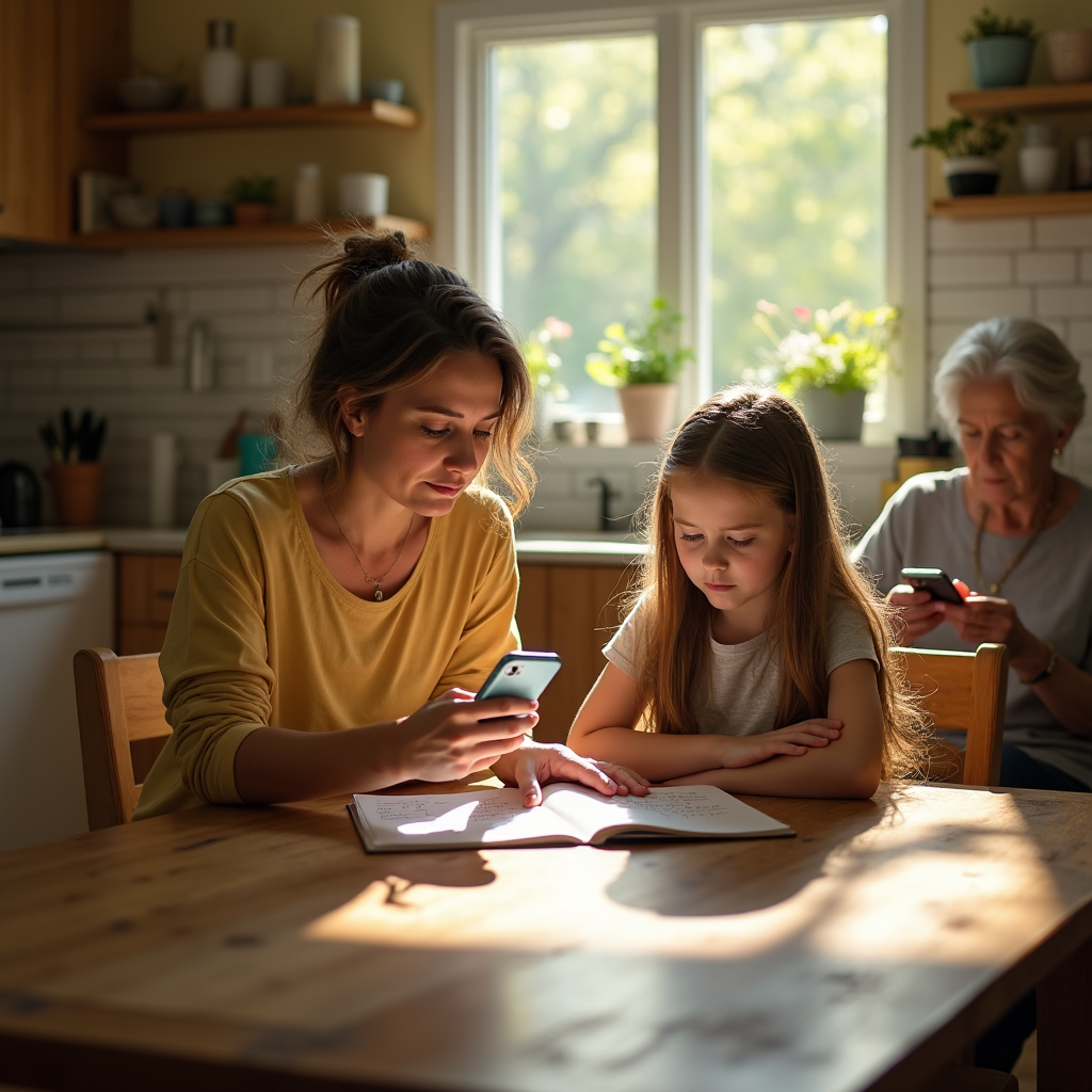 Three generations are seated at a wooden table, each looking at a mobile phone.
