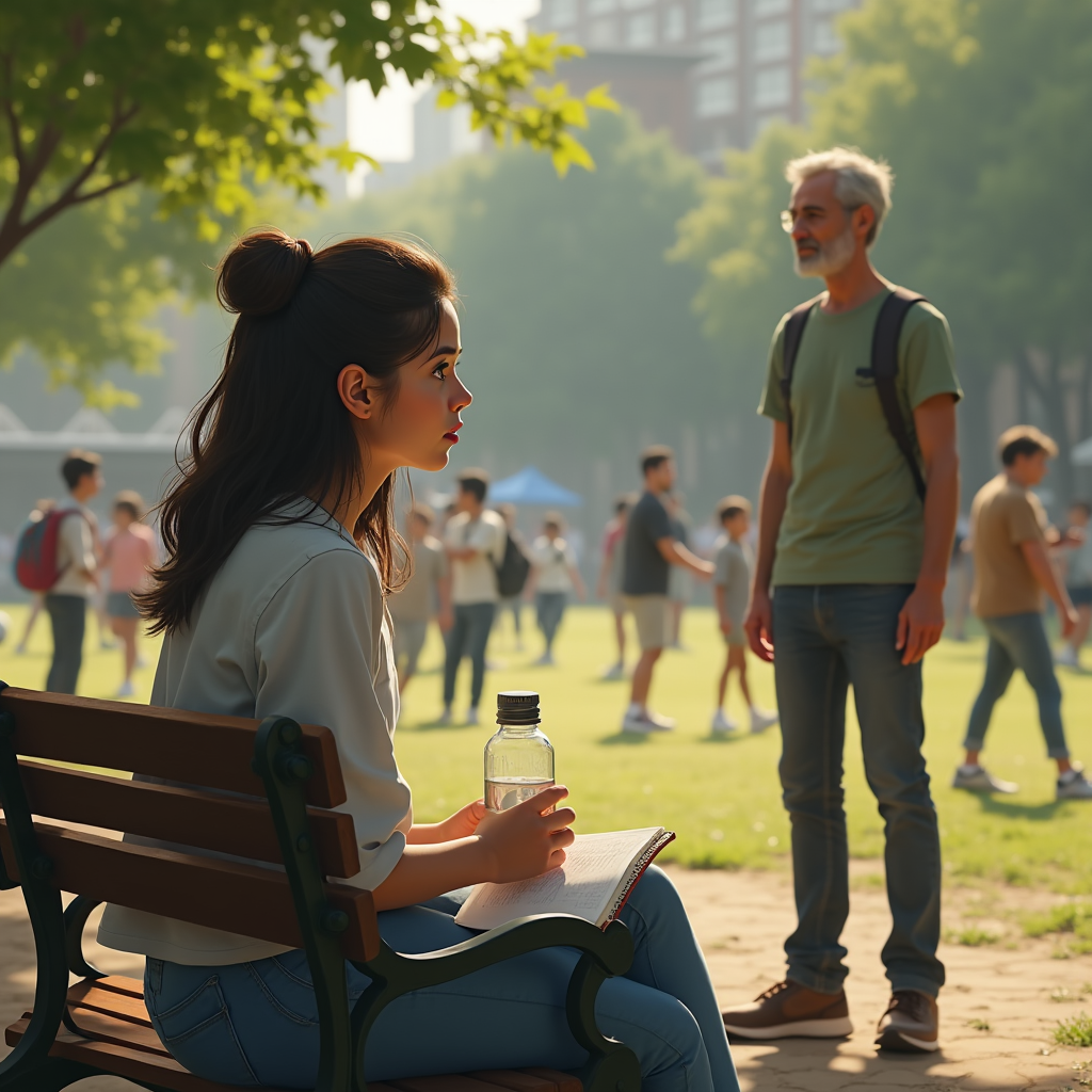 A young woman sits on a bench, looking off-camera while a man stands nearby in a park setting.