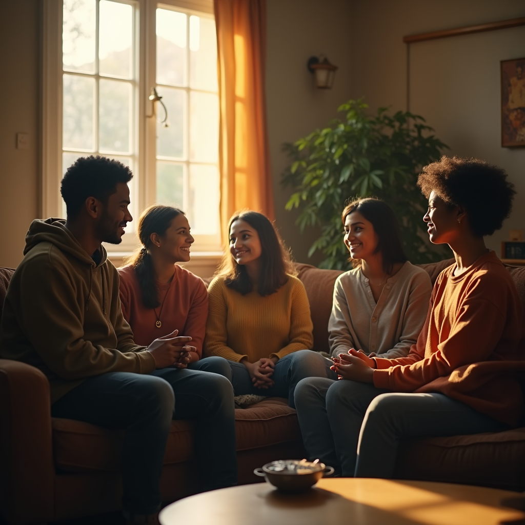Four young adults sit on a brown couch, engaged in conversation in a warmly lit living room.