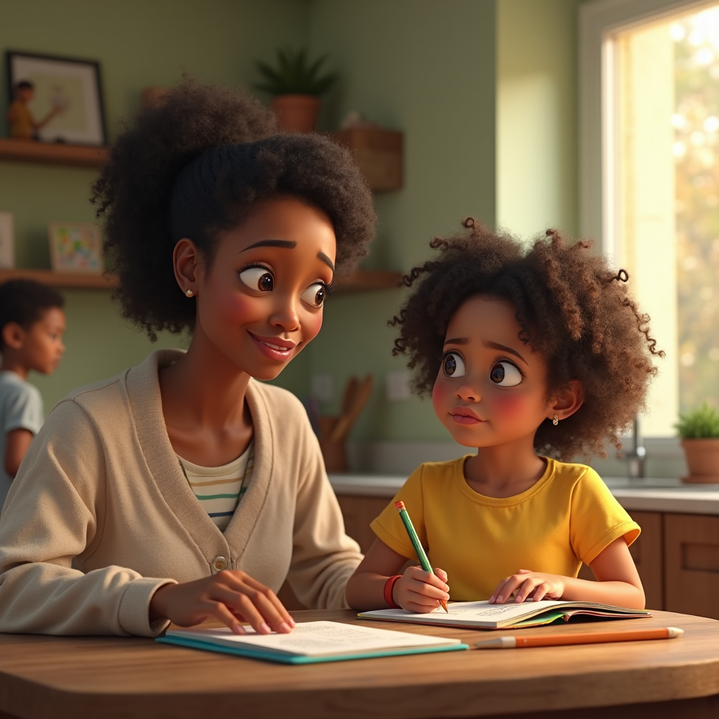 Two young Black women sit at a table, one assisting the other with drawing while sunlight streams through a nearby window.