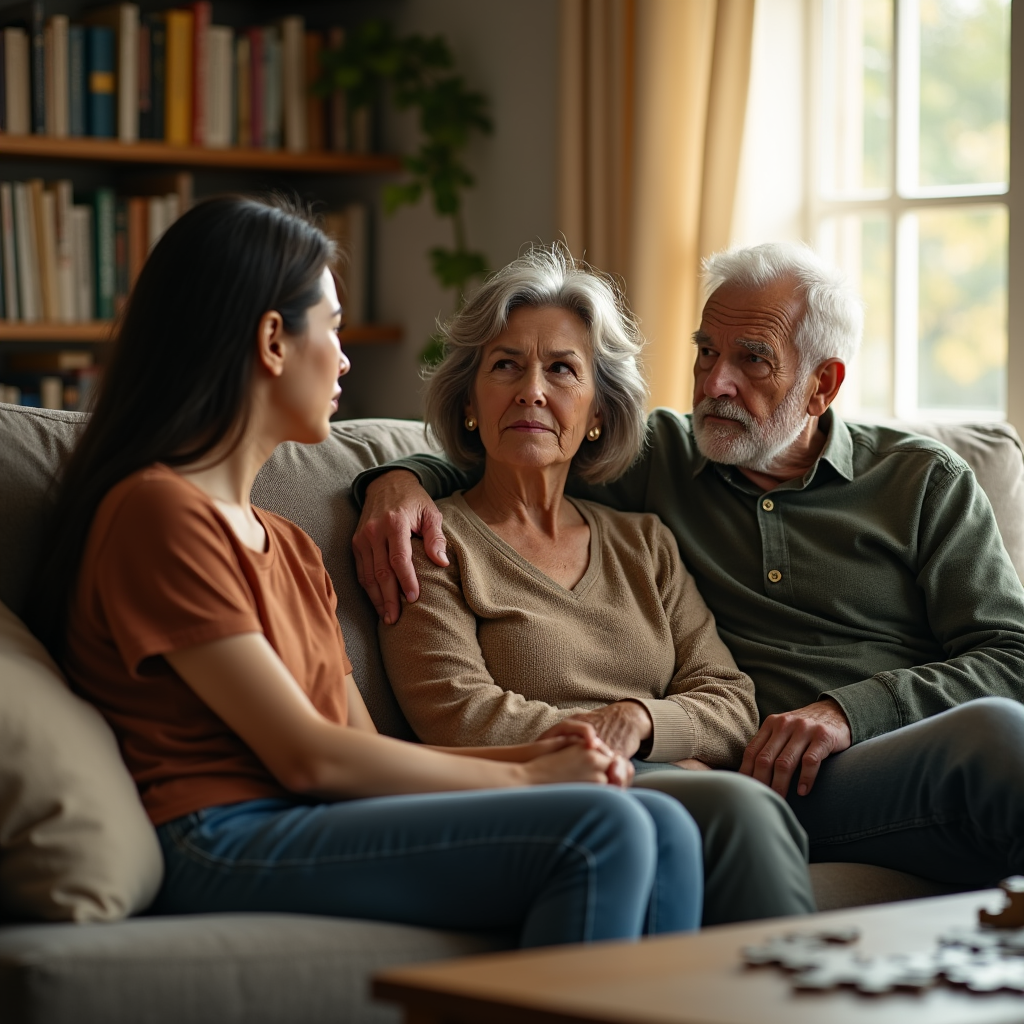 Three people sit on a couch, appearing concerned while looking toward the left.