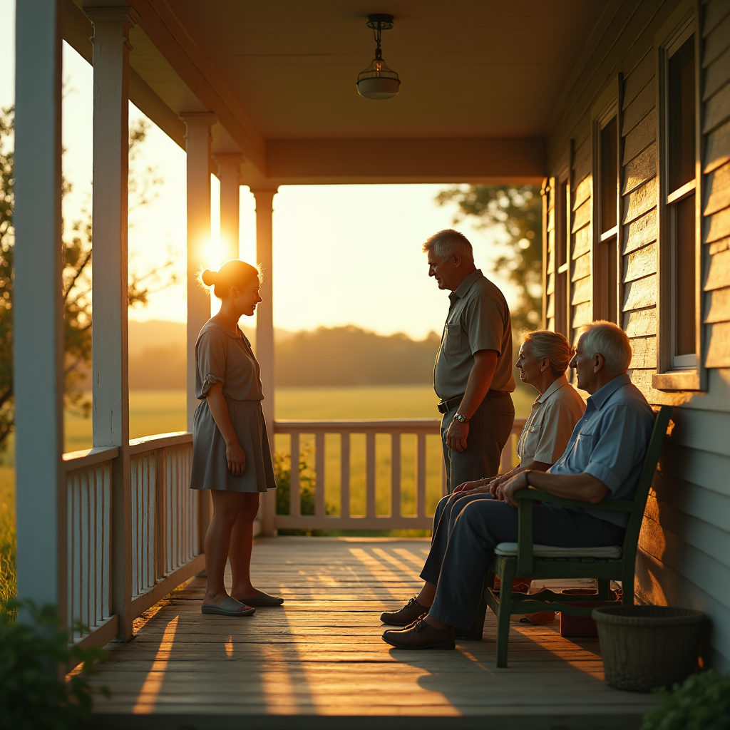 A young woman stands on a porch facing an elderly couple bathed in golden sunset light.