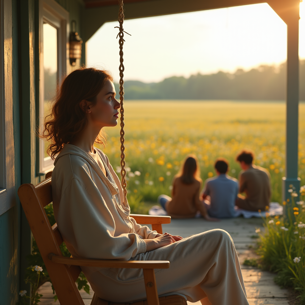 A young woman sits on a porch swing, gazing across a golden field where three people are seated.