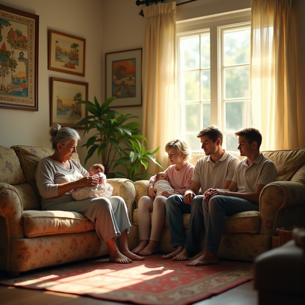 A multigenerational family relaxes on a floral couch, bathed in warm light from a nearby window.