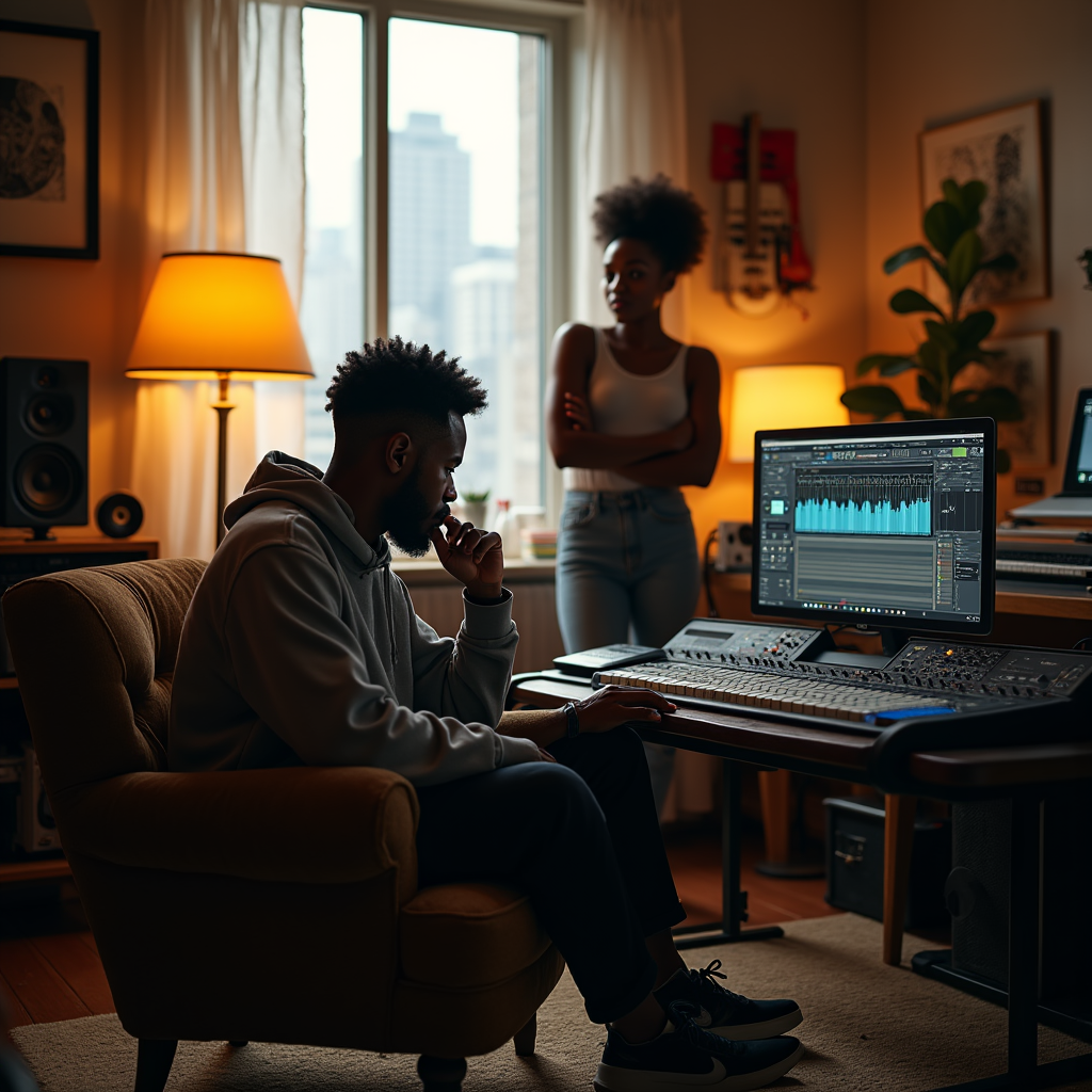 A man sits in a chair working on music production equipment while a woman stands nearby.