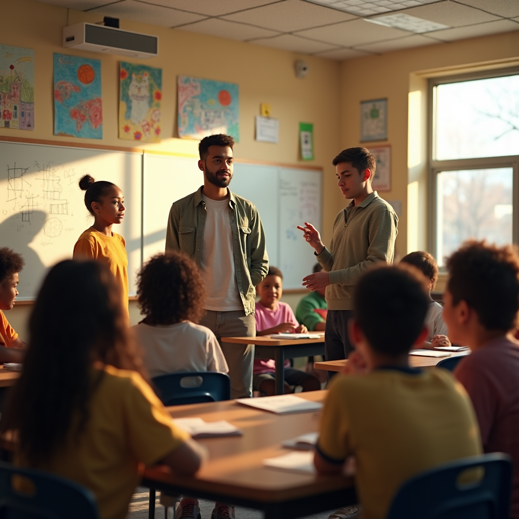 Three adults converse with a group of elementary-age students seated at desks in a classroom.