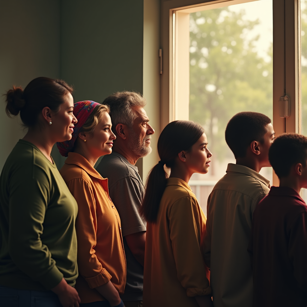 Six people stand side-by-side looking out a window into a sun-drenched outdoor scene.