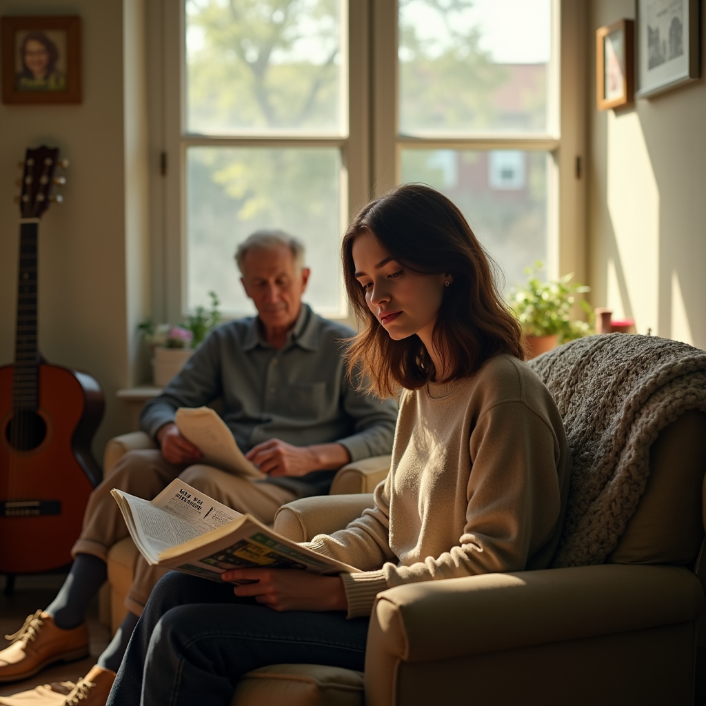 A young woman reads a magazine on a tan armchair, with an older man seated nearby in a sunlit living room.