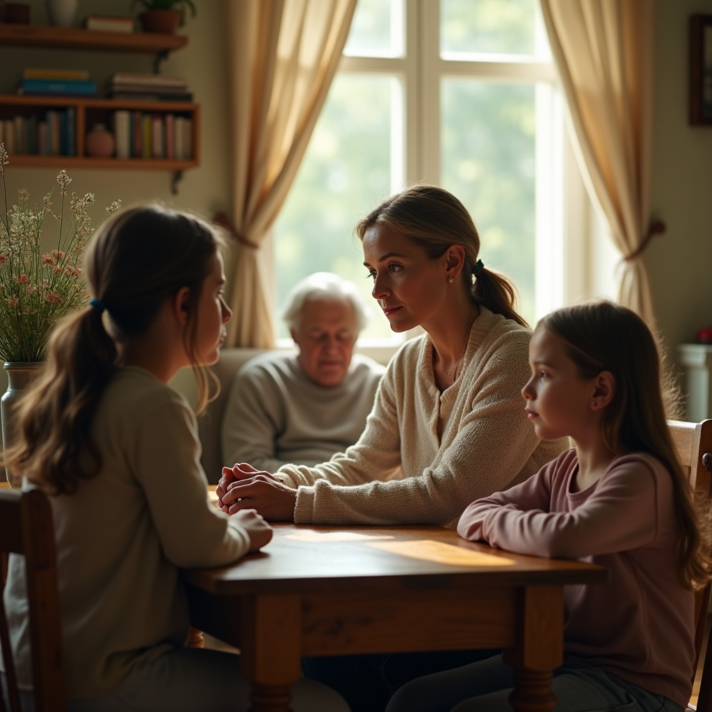 A woman sits at a table with two young girls, an elderly man in background, bathed in warm window light.