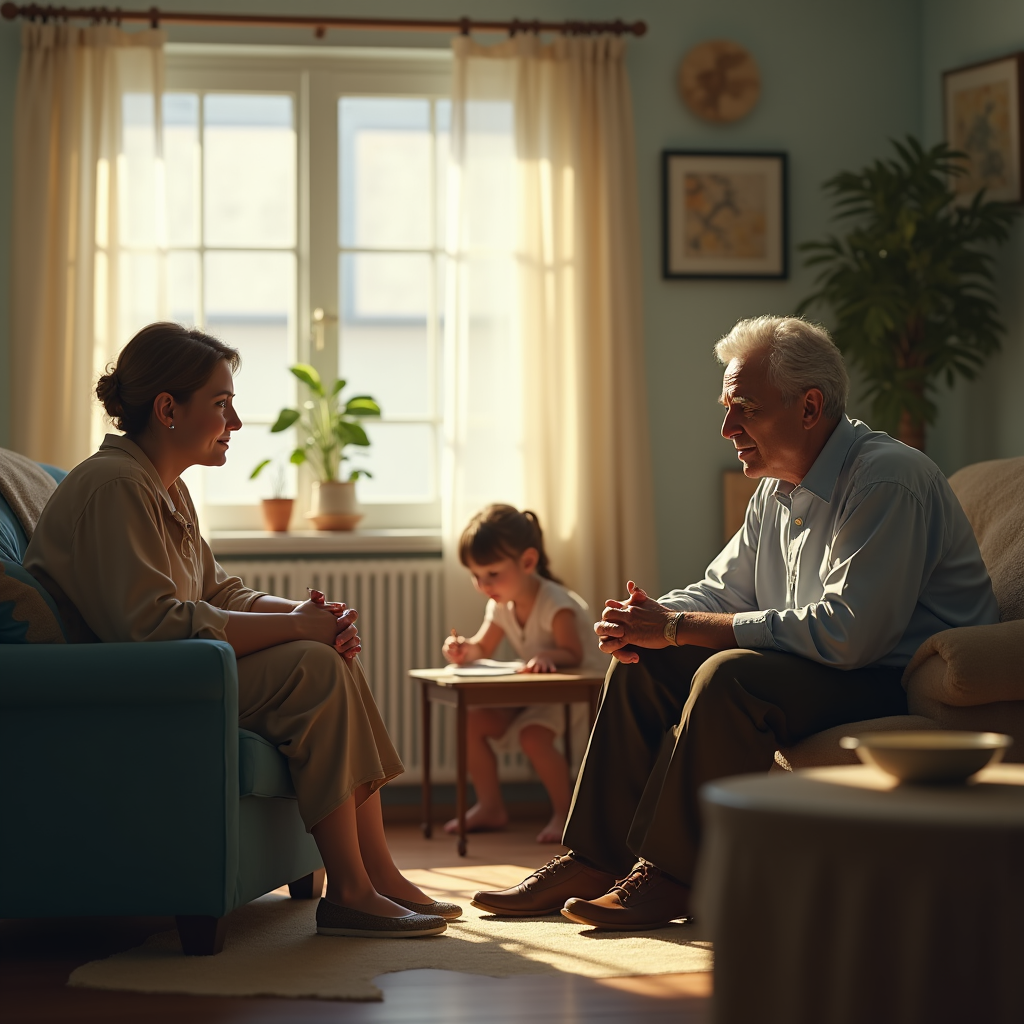 Two adults sit on a couch facing each other, while a young girl draws at a small table nearby.