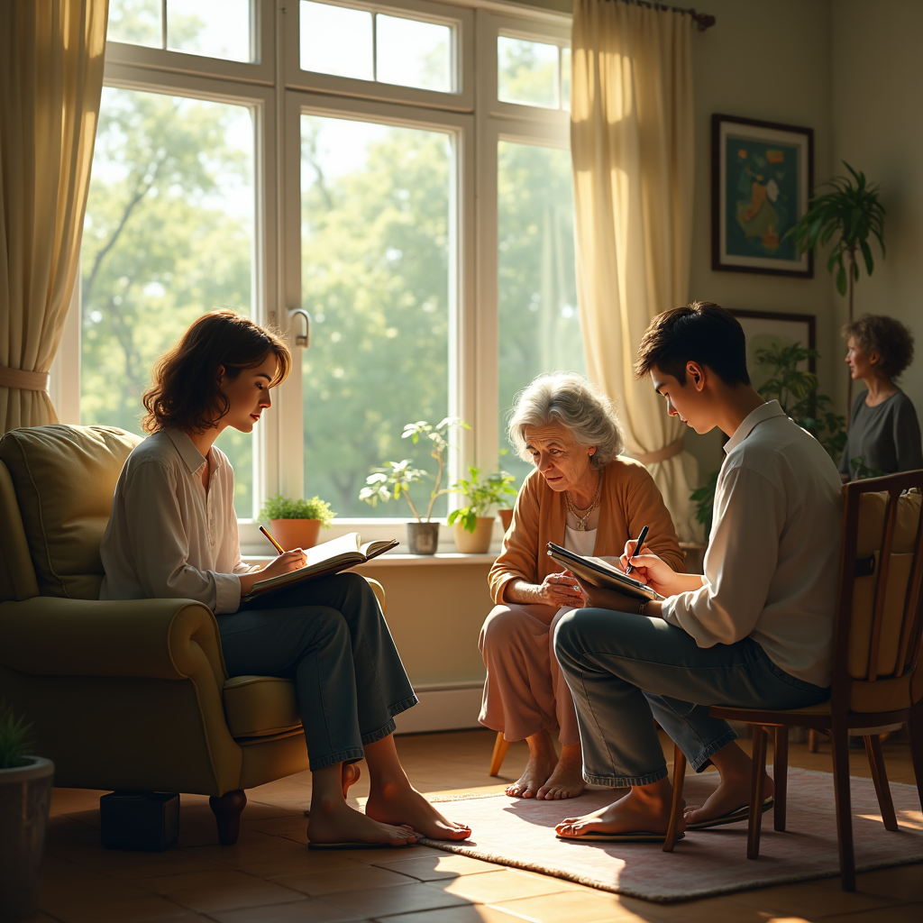 Three people sit together, an older woman between a younger man and woman, with sunlight streaming through a large window.