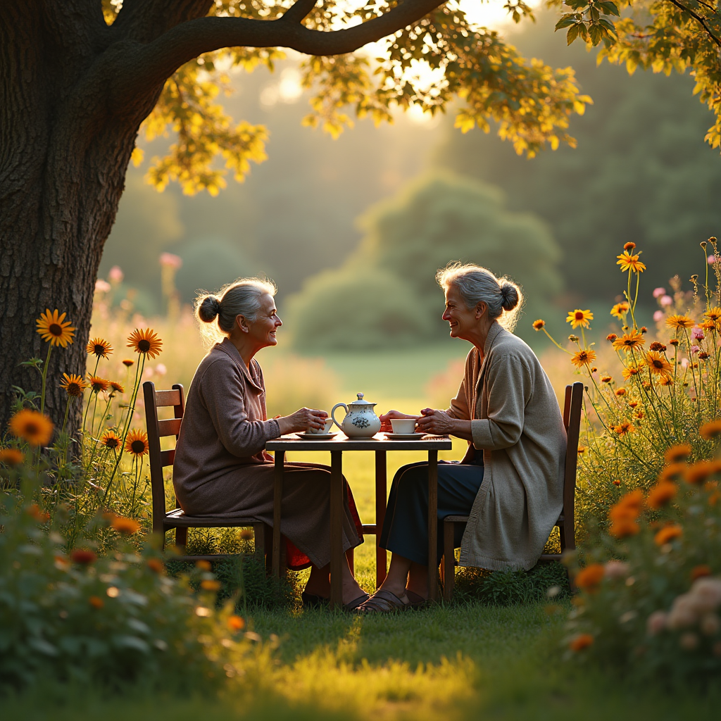 Two elderly women share tea at a small table amidst wildflowers, bathed in golden sunlight.