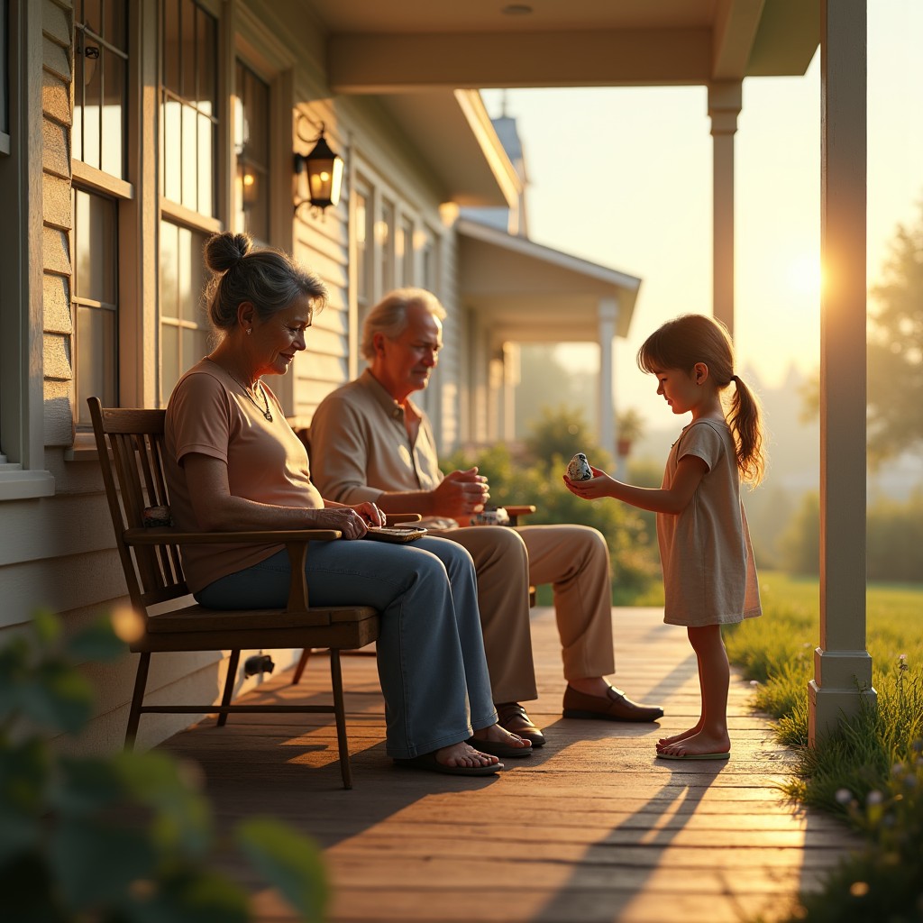 An elderly couple sits on a porch as a young girl presents a small ball to them.