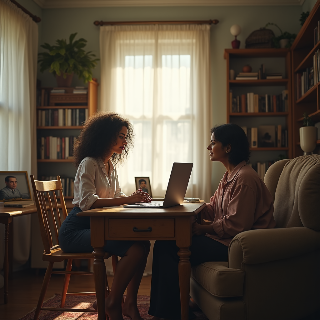 Two women sit facing each other across a desk with a laptop, in a warmly lit, book-lined room.