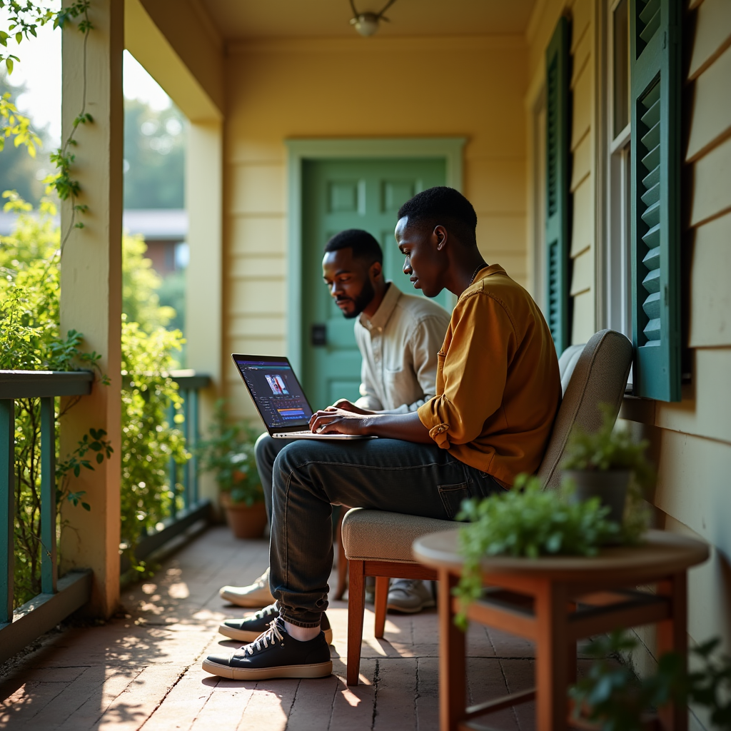 Two men sit on a porch, one using a laptop, with greenery and a house visible in the background.