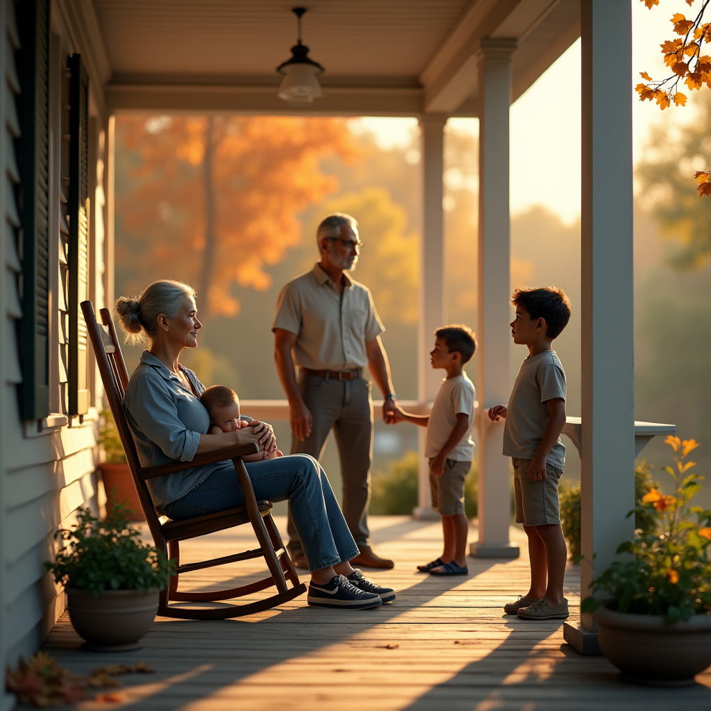 A multigenerational family relaxes on a porch during golden hour; a baby is being held, and two young boys stand nearby.