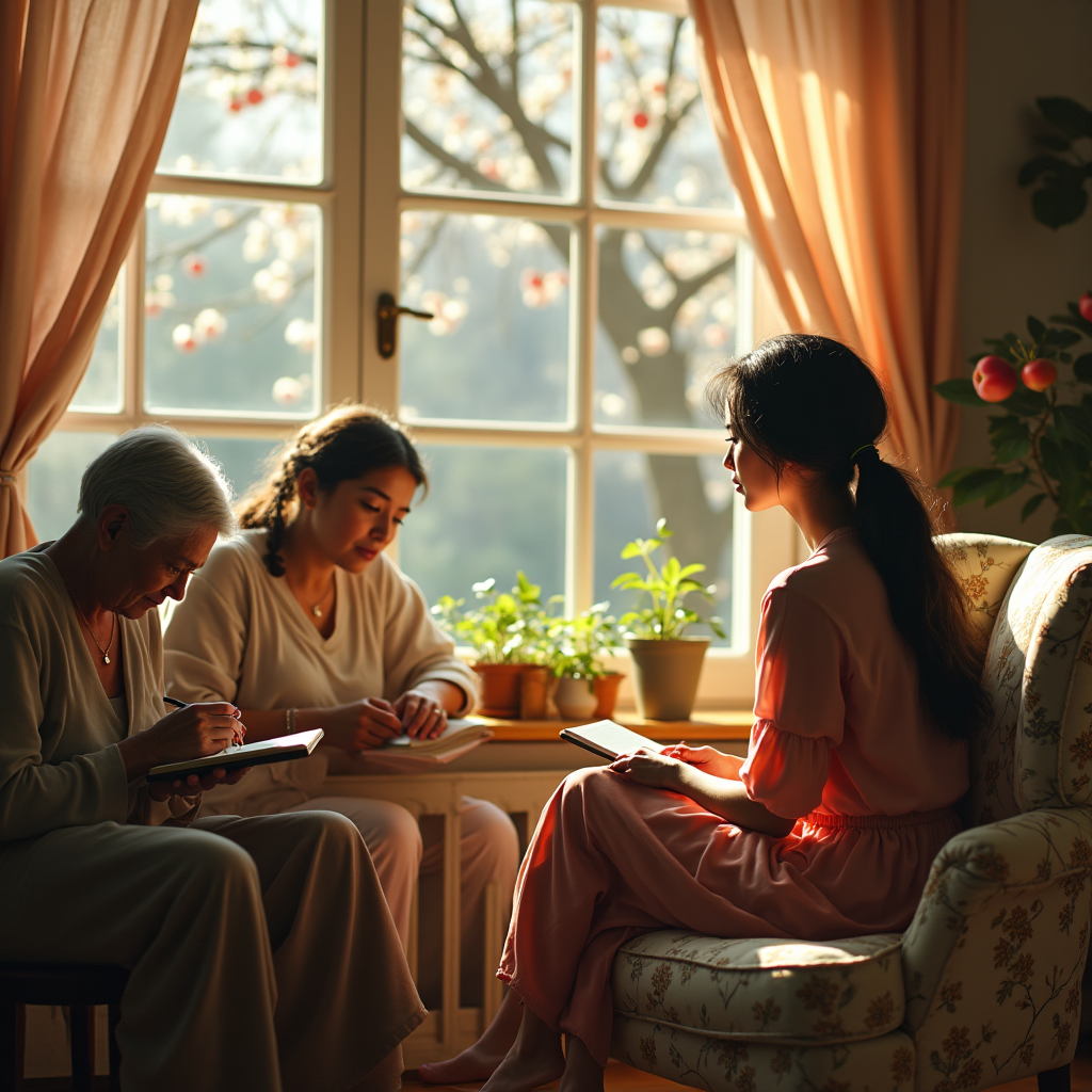 Three women sit near a window with flowering trees, writing in notebooks.