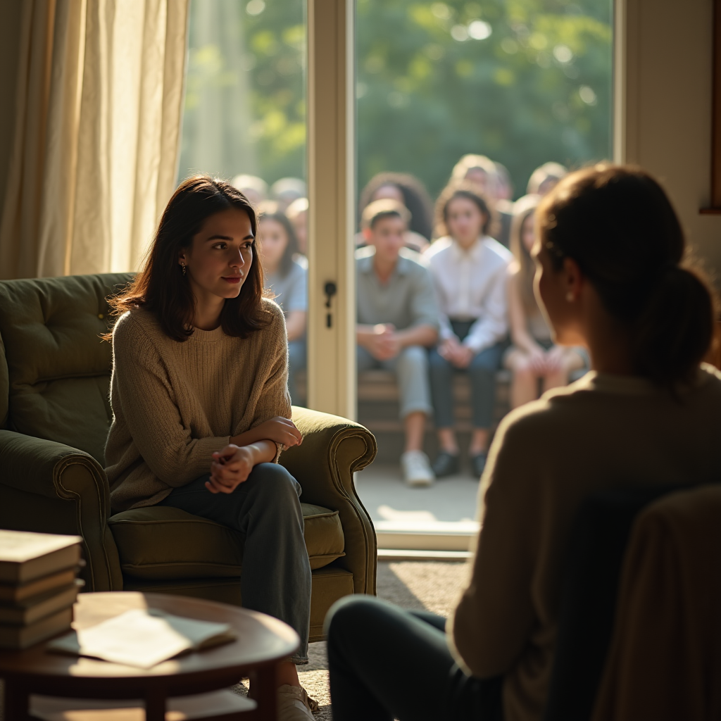A young woman speaks with another seated across from her in a room with a group of children visible through glass doors.