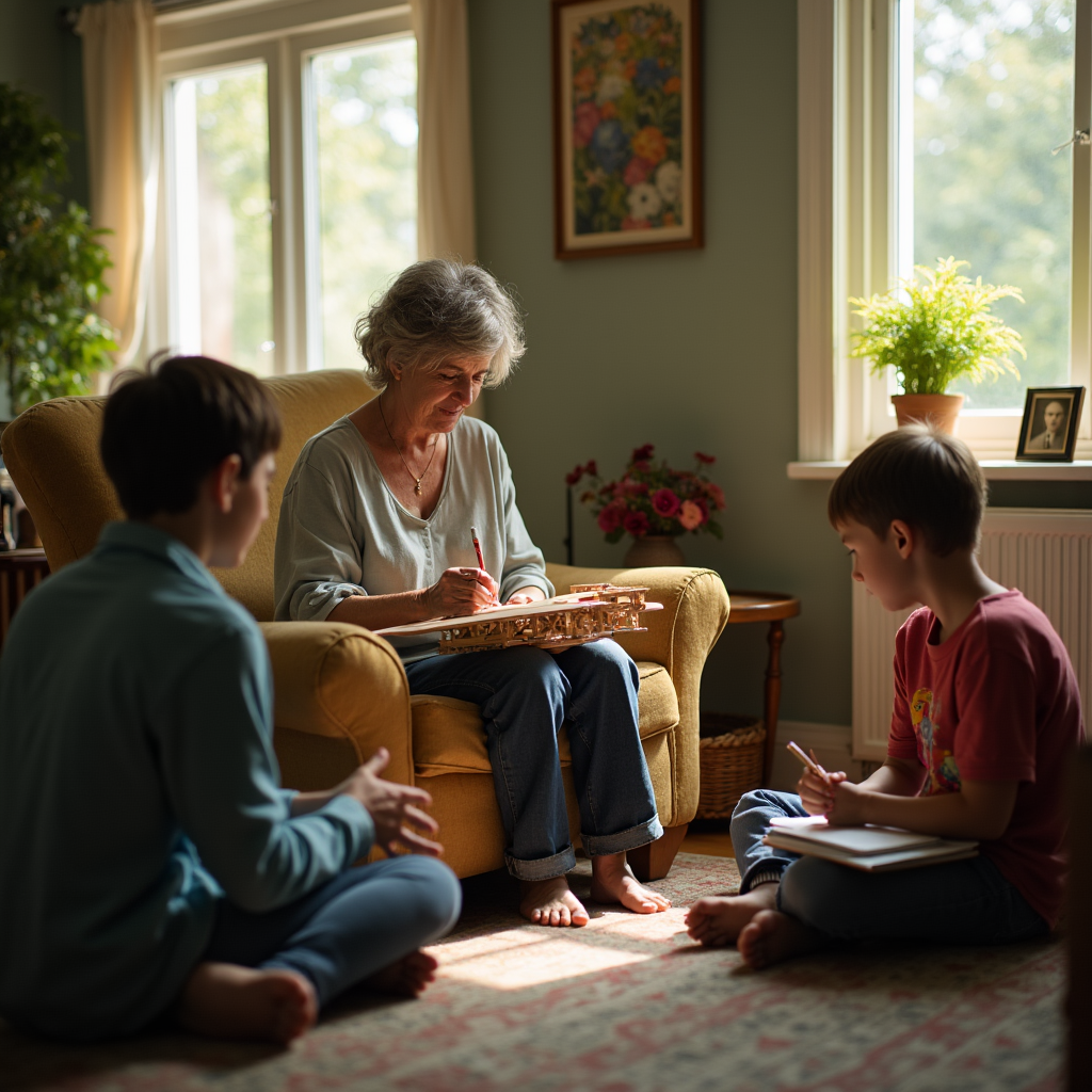 An older woman sits in an armchair, drawing on a chess board, with two children watching.