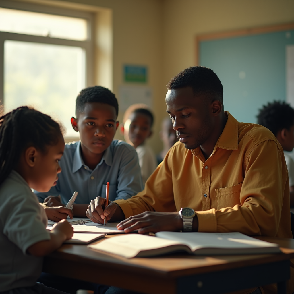Three students sit at a desk with a teacher, focused on schoolwork in a sunlit classroom.