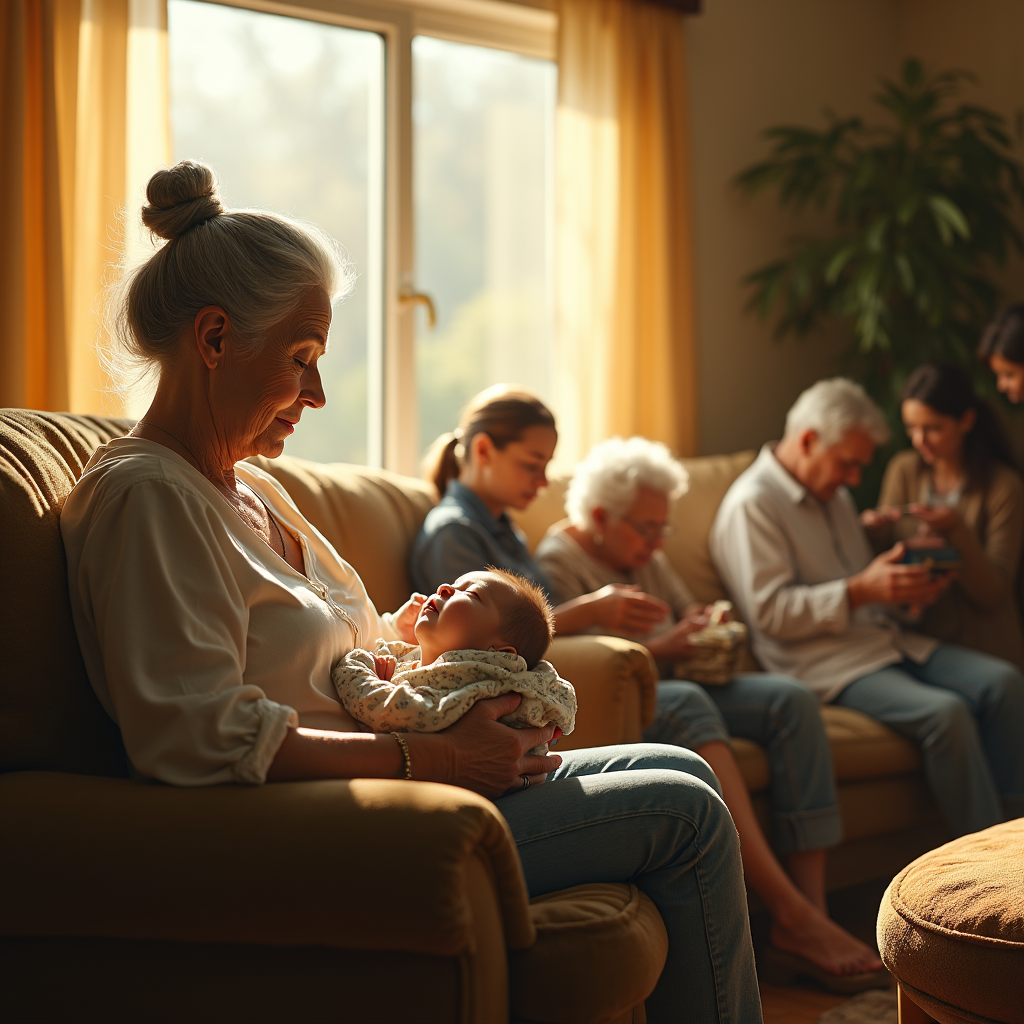 An elderly woman holds a baby in a living room with other family members looking at their phones.