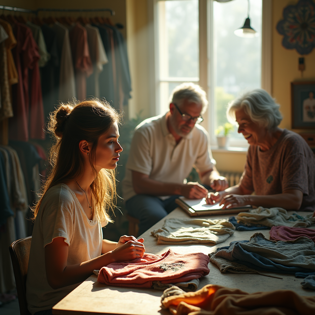 A young woman examines fabric at a table with two older adults in a sunlit workshop.