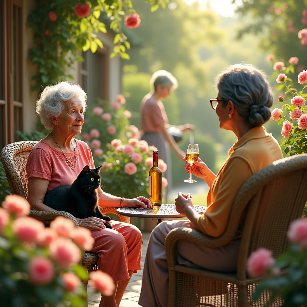 Two elderly women chat outdoors, seated in wicker chairs with a black cat, as another woman tends a rose garden.