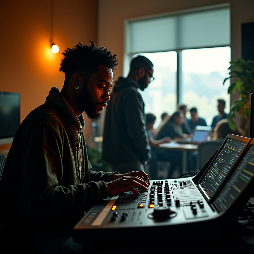 A man with dreadlocks works at a music production console in a bright, modern office with other people in the background.