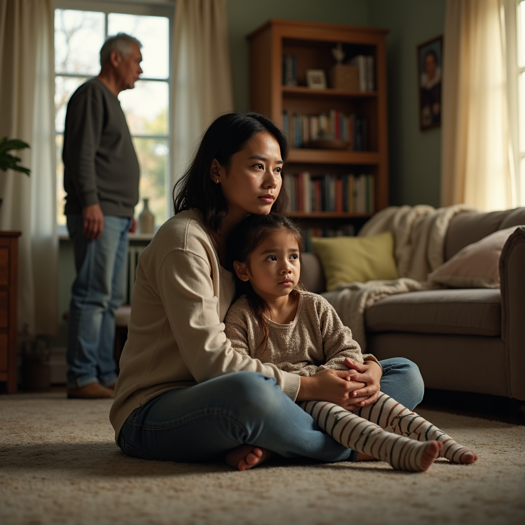 A woman sits with her young daughter, looking concerned, as an older man stands nearby by a window.