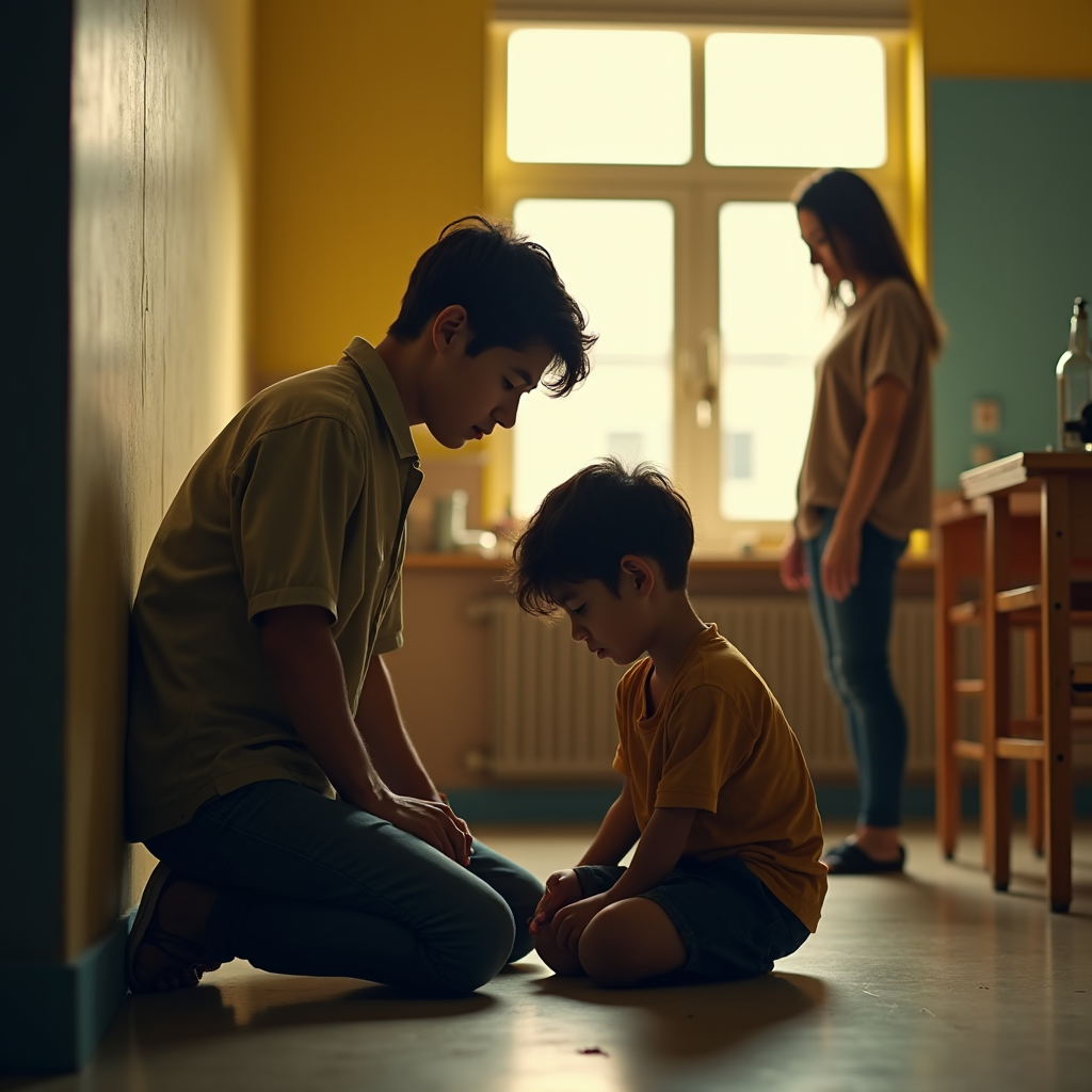 Two boys kneel on a wooden floor, close to a wall, while a woman stands in the background near a window.