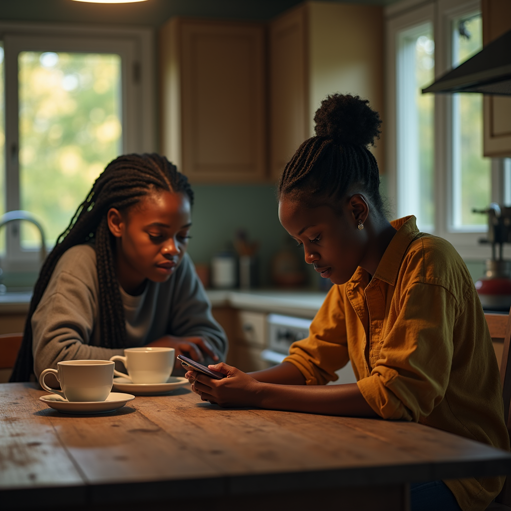 Two young women sit at a wooden table, one using a smartphone, in a warmly lit kitchen.