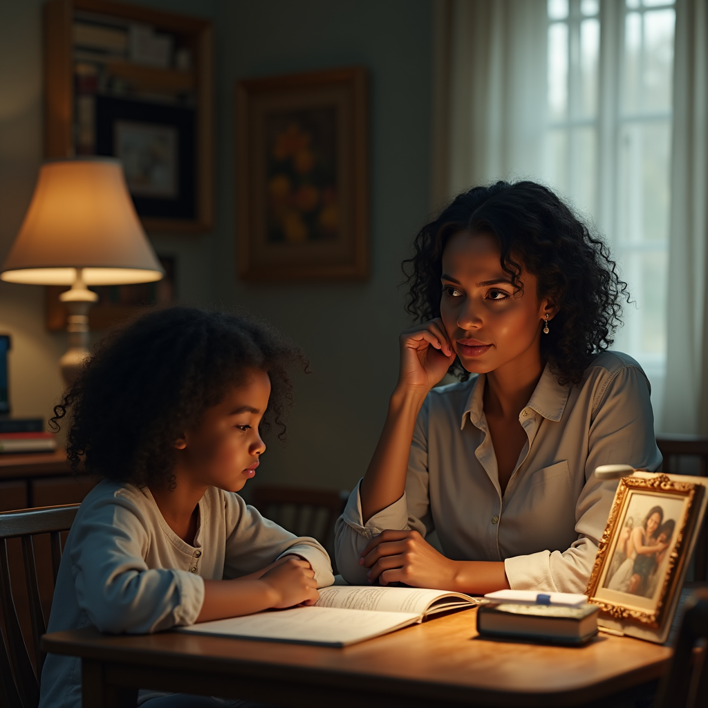 A woman and a young girl sit at a wooden table, reviewing an open book under warm lamplight.