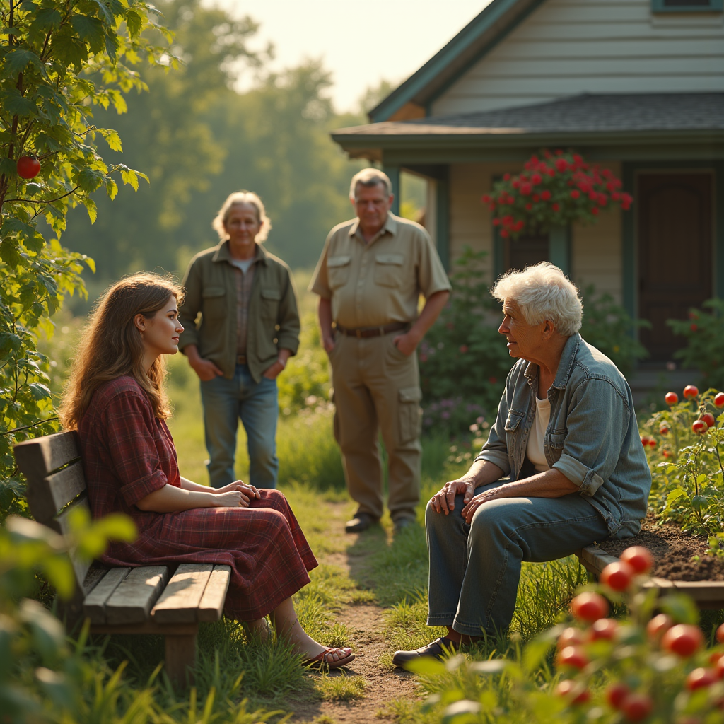 A young woman and elderly man converse on a bench in a sun-dappled garden, with two men standing nearby.