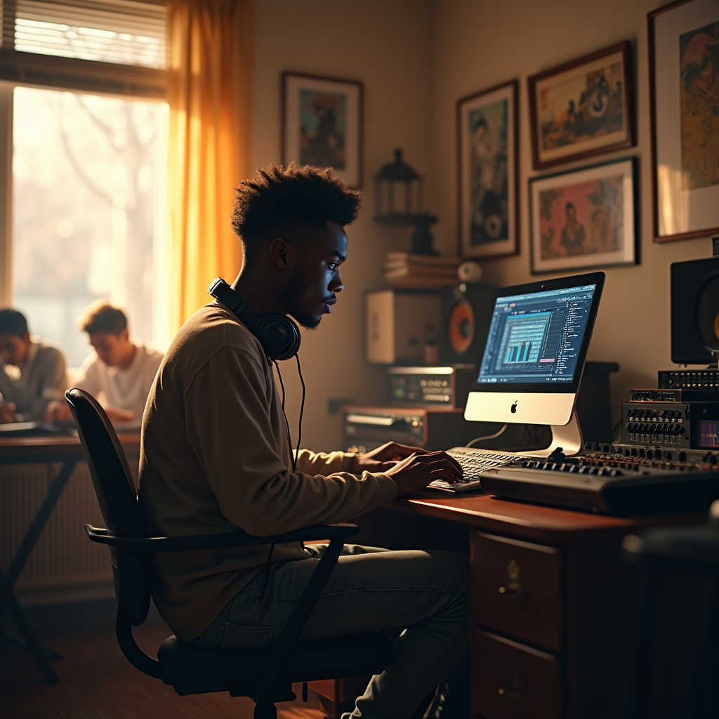 A young man with headphones sits at a computer in a recording studio, focused on the screen.
