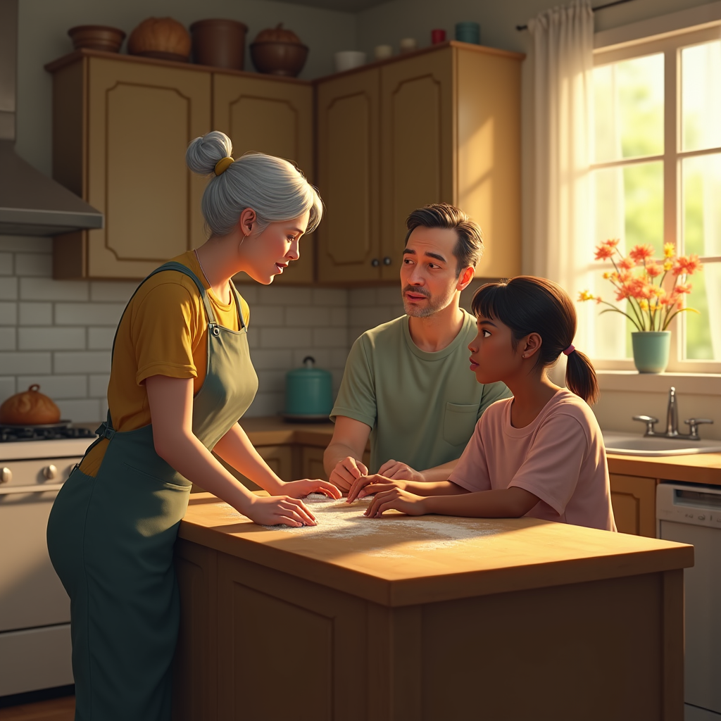 A multigenerational family bakes together at a kitchen island bathed in warm sunlight.