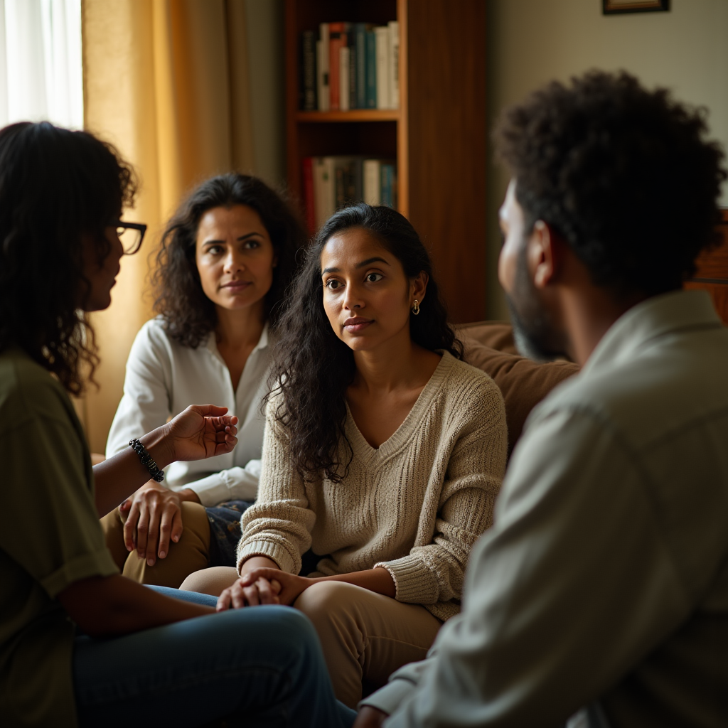 Four people sit on a couch, engaged in a conversation in a warmly lit room with a bookcase in the background.