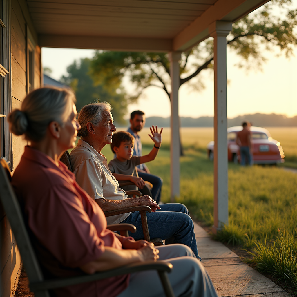 An elderly couple and a young boy wave to a person standing near a red car in a grassy field.