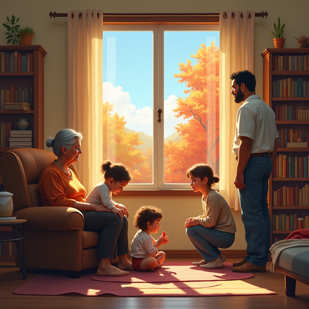 A multigenerational family gathers in a warm living room, looking out a window at an autumn-colored landscape.