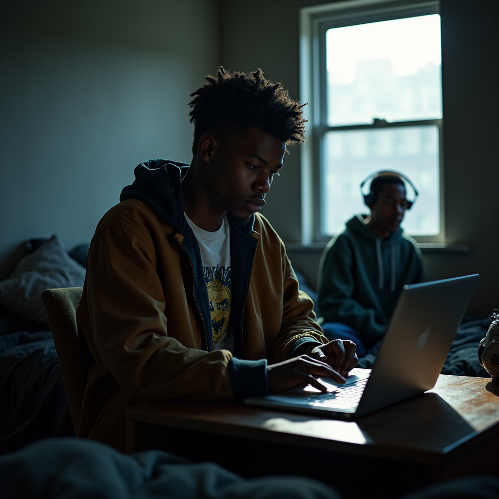 Two young men use laptops in a dimly lit room with a window providing natural light.