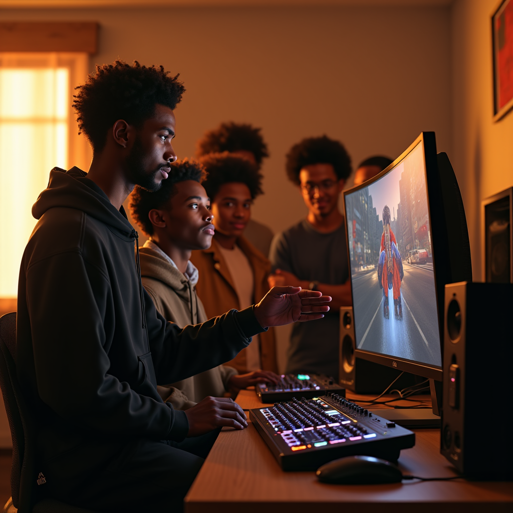 Four young men gather around a computer, intently watching a 3D animation of a superhero in a city.