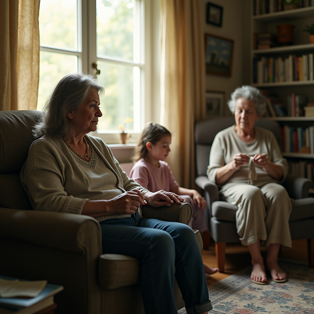Three generations relax in a cozy, sunlit living room with knitting and a window view.