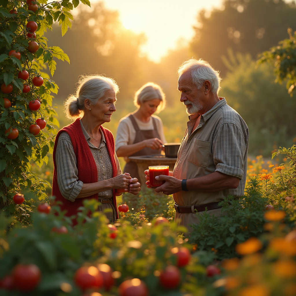 Three older people are in a tomato garden at sunset, two close together and one further away.
