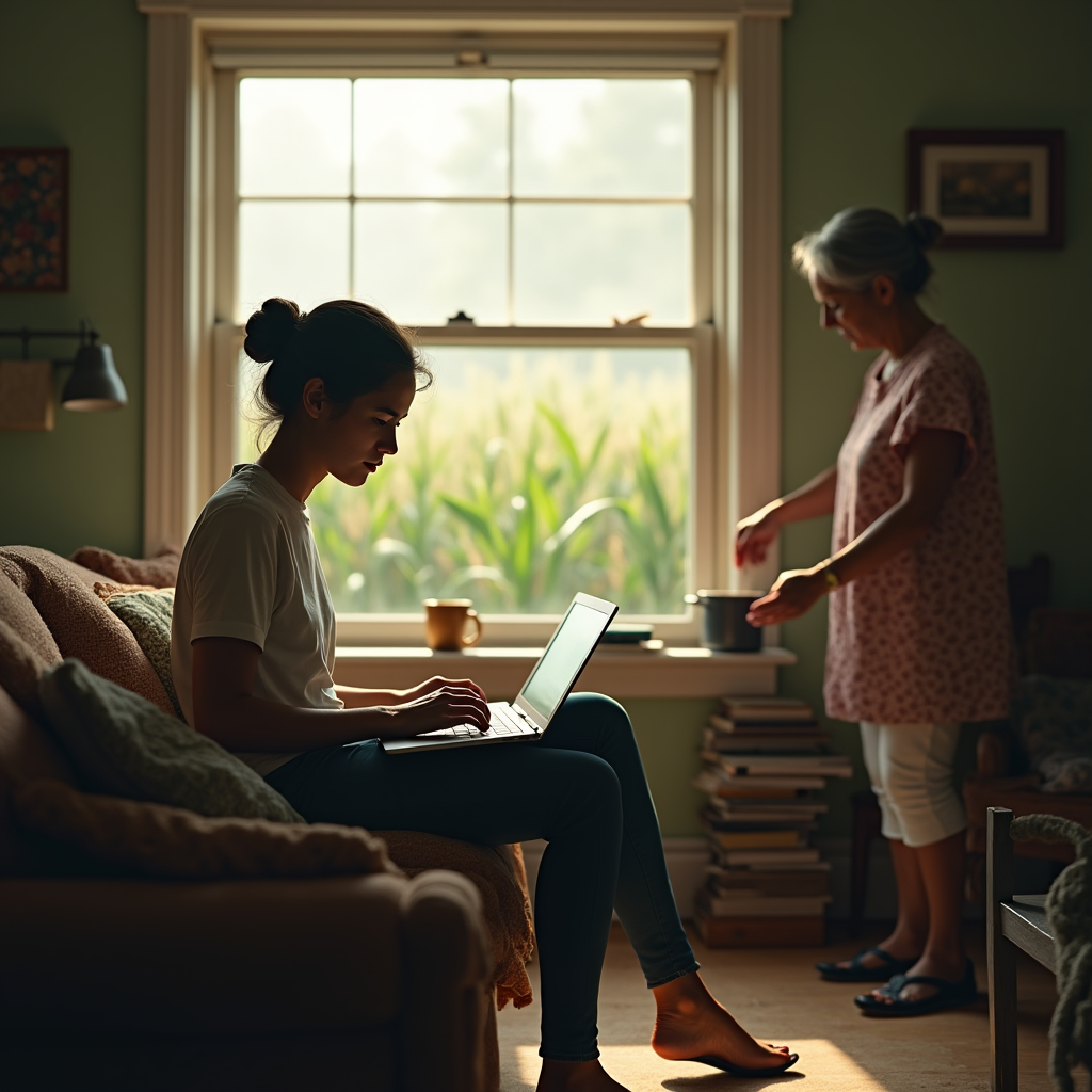 A young woman uses a laptop on a couch while an older woman tends to plants by a window.