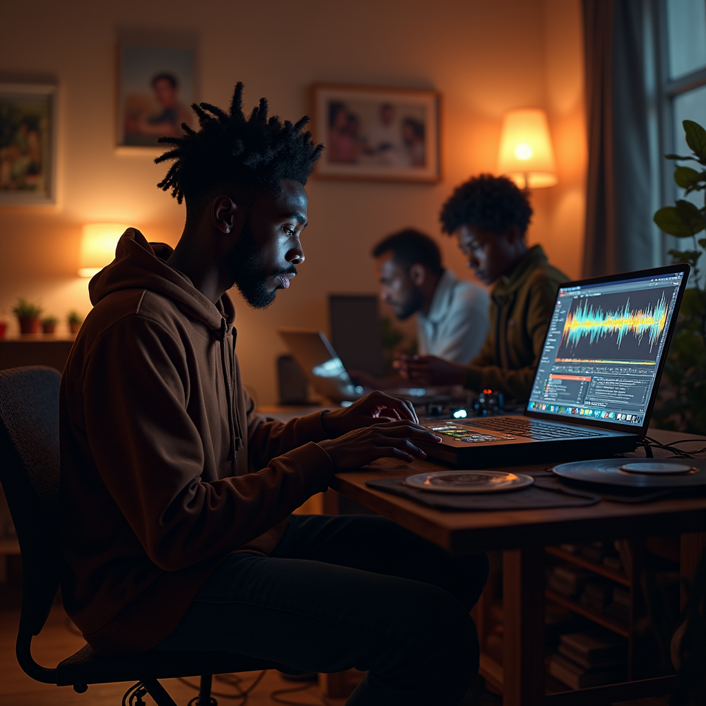 Three young men work on laptops at a table in a dimly lit room with artwork on the walls.