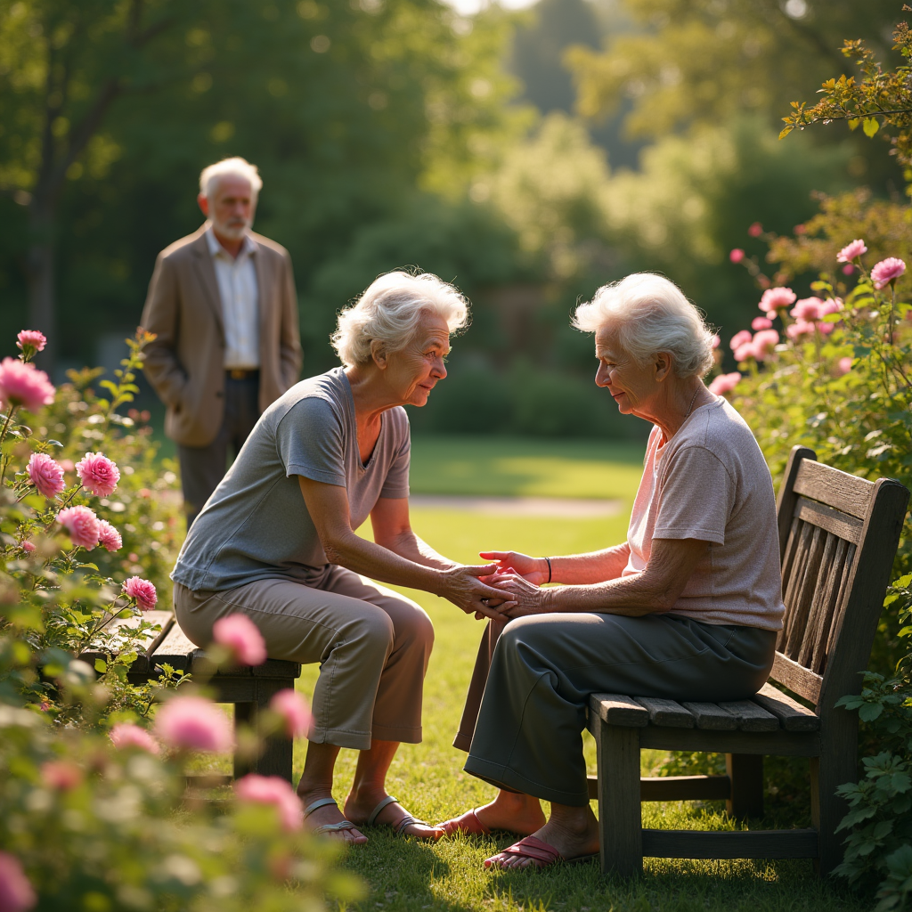 Two elderly women holding hands sit on a park bench, with a man standing in the background.
