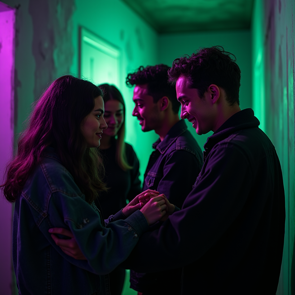 Four young adults smile while dancing in a dimly lit hallway with green and pink lights.