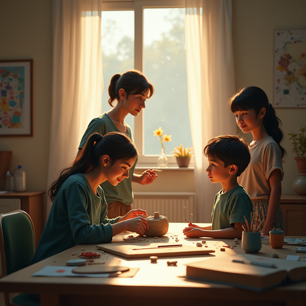 Four people craft with clay at a sunlit table; a woman assists two children.